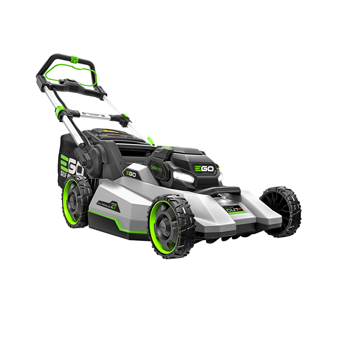 Cordless self-propelled mower with 21-inch cutting deck, green accents, and ergonomic handle for lawn and garden tools