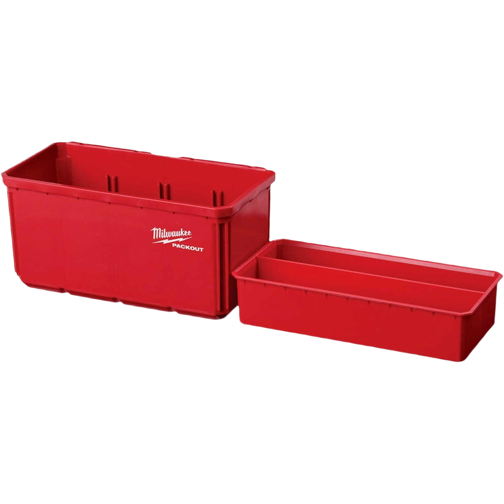 Milwaukee PACKOUT™ large red bin set with two stackable storage containers for tool and workshop organization