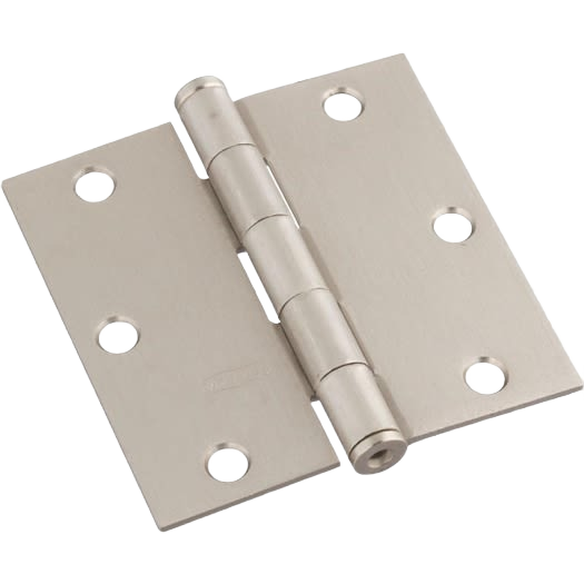 Square satin nickel door hinge with six screw holes for home improvement and hardware projects