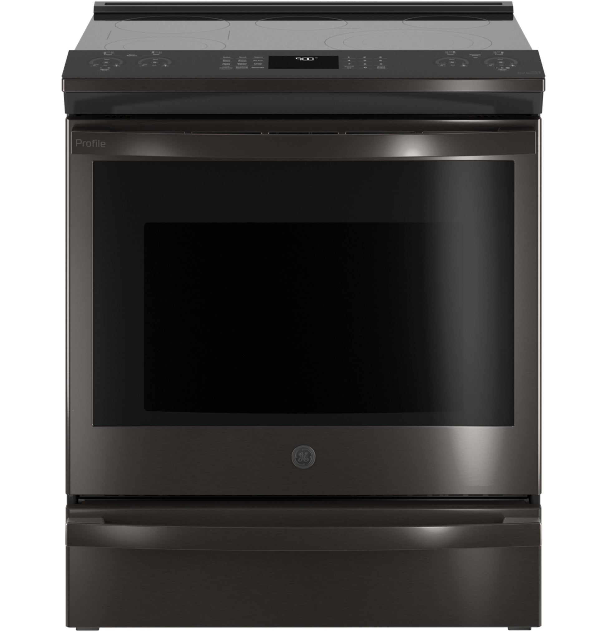 Black stainless steel slide-in electric range with digital controls and convection oven from electric ranges collection