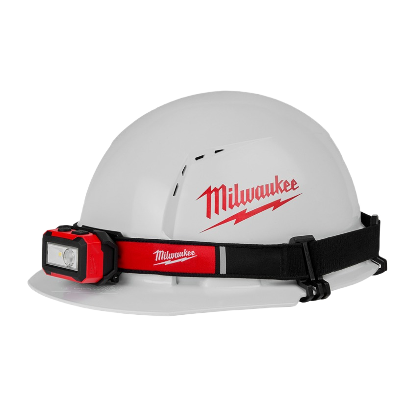 White hardhat with red and black Milwaukee rechargeable magnetic headlamp and adjustable strap for hands-free home improvement lighting