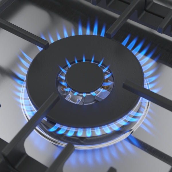 Blue gas flame burning on stainless steel gas cooktop burner with black cast iron grate from Bosch cooktops collection