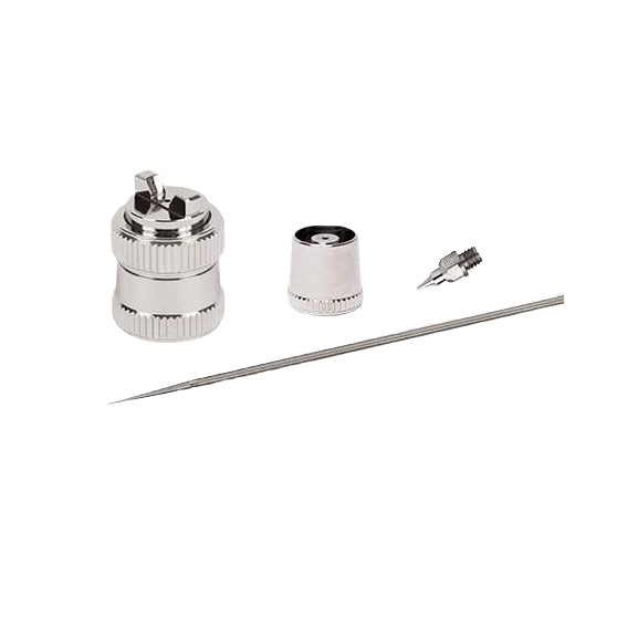 Metallic fan spray cap kit components including nozzle, needle, and nozzle cap for paint sprayers and home improvement tools