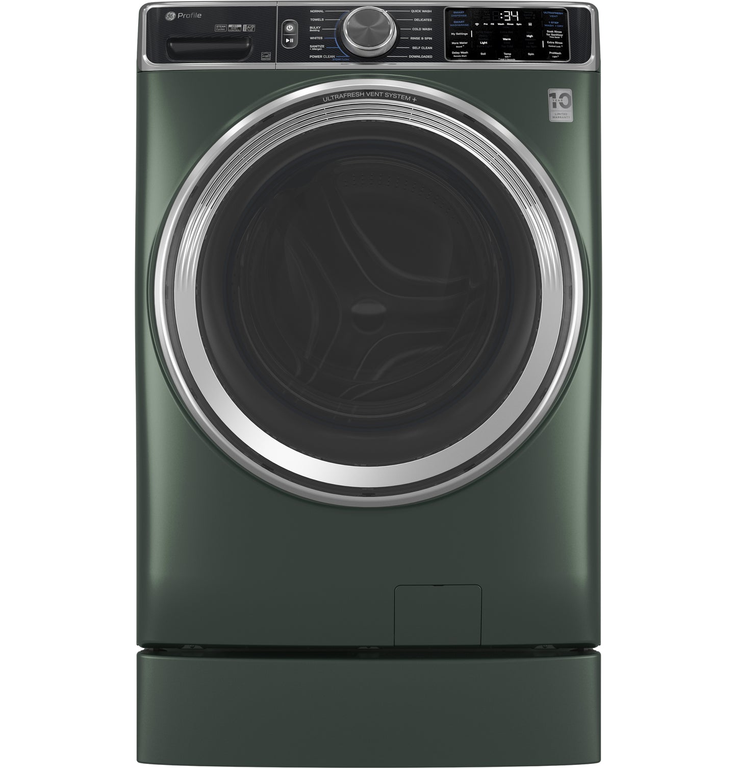 Smart front load washer in dark green with digital control panel and UltraFresh Vent System+ from front load washers collection