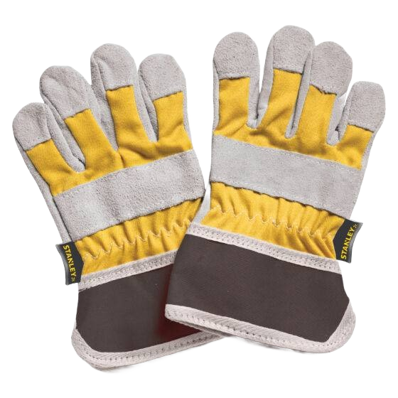 Pair of durable work gloves with yellow fabric, gray leather palms, and reinforced brown cuffs for home improvement tasks