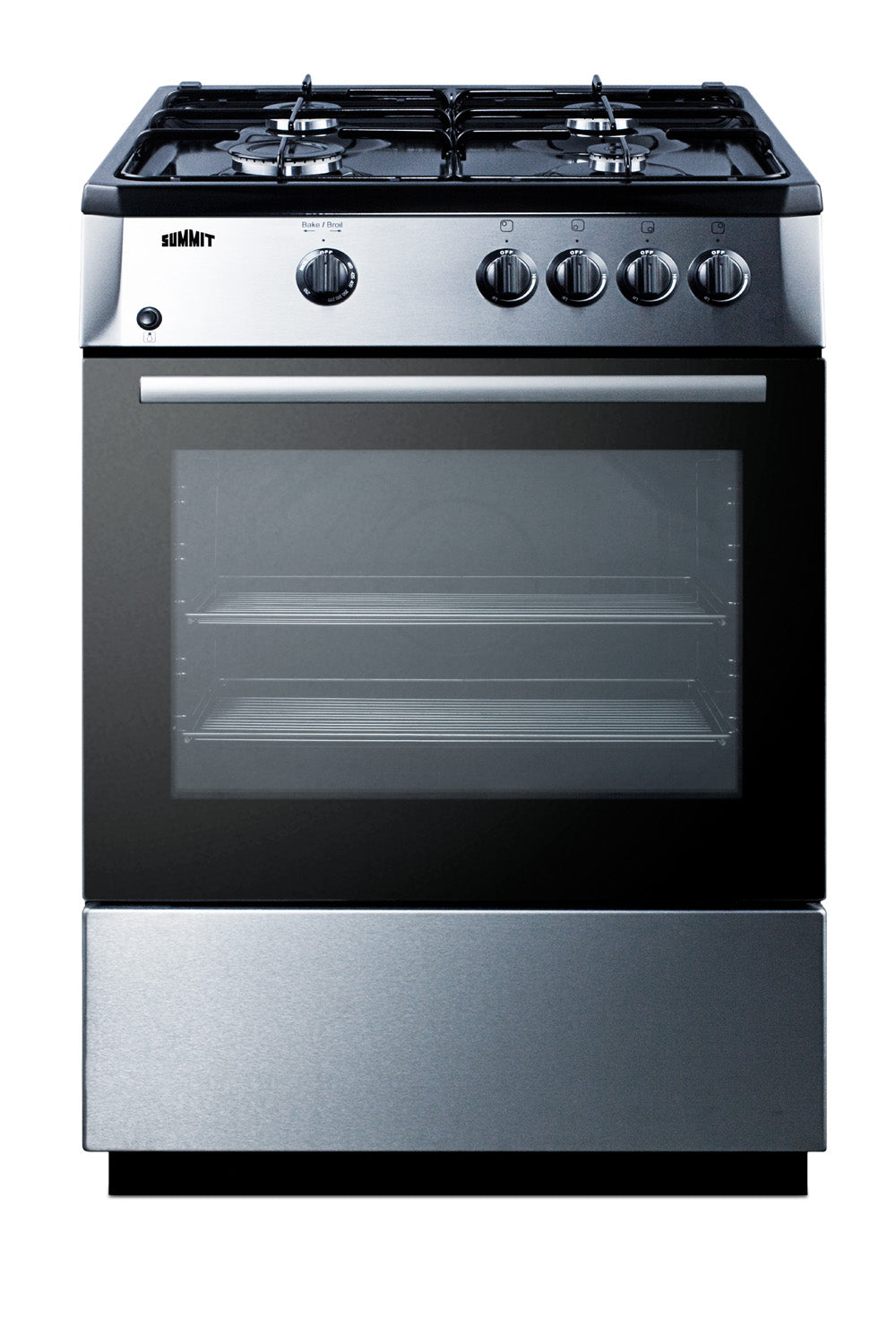 Freestanding stainless steel gas range with four burners and a large oven window for kitchen appliances and home improvement