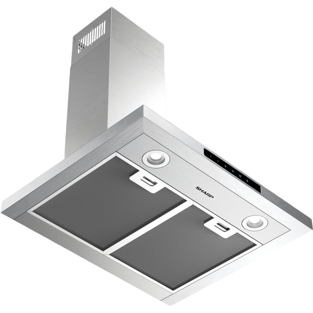 Sleek stainless steel wall-mounted chimney hood with dual filters and push-button lighting in kitchen appliances collection