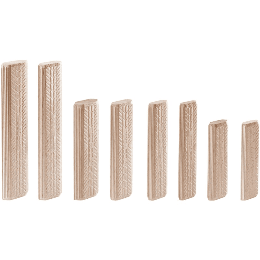 Set of beech wood domino tenons with grooved surfaces for precise woodworking joinery in home improvement and tool projects