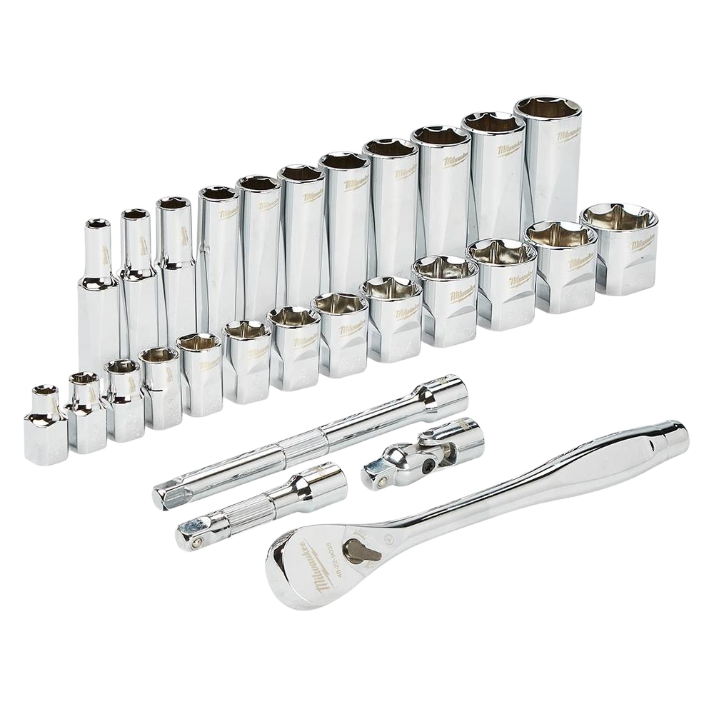 Chrome finish SAE sockets and 3/8-inch drive ratchet set with extensions for woodworking and hand tool tasks