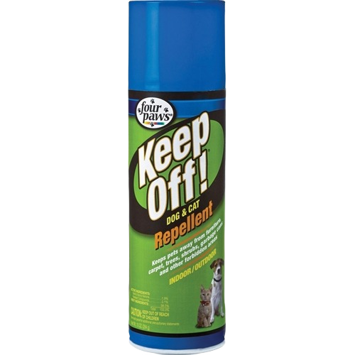 Aerosol can of Four Paws keep off dog and cat repellent for indoor and outdoor use around plants and furniture