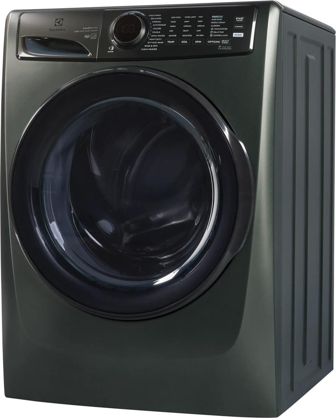 Green front load washer with digital control panel and large tinted circular door for efficient laundry care
