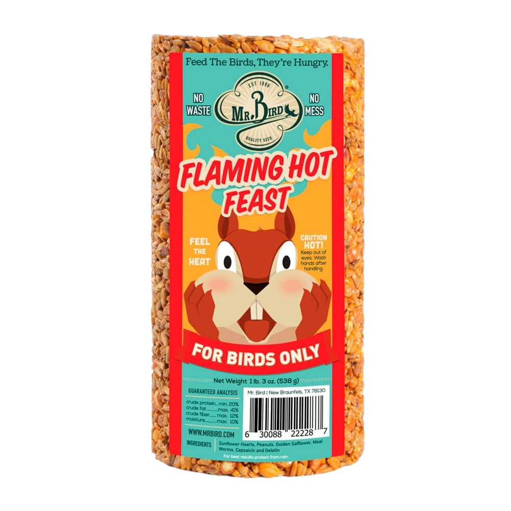 Bright orange bag of spicy birdseed labeled Flaming Hot Feast for feeding wild birds with no waste or mess