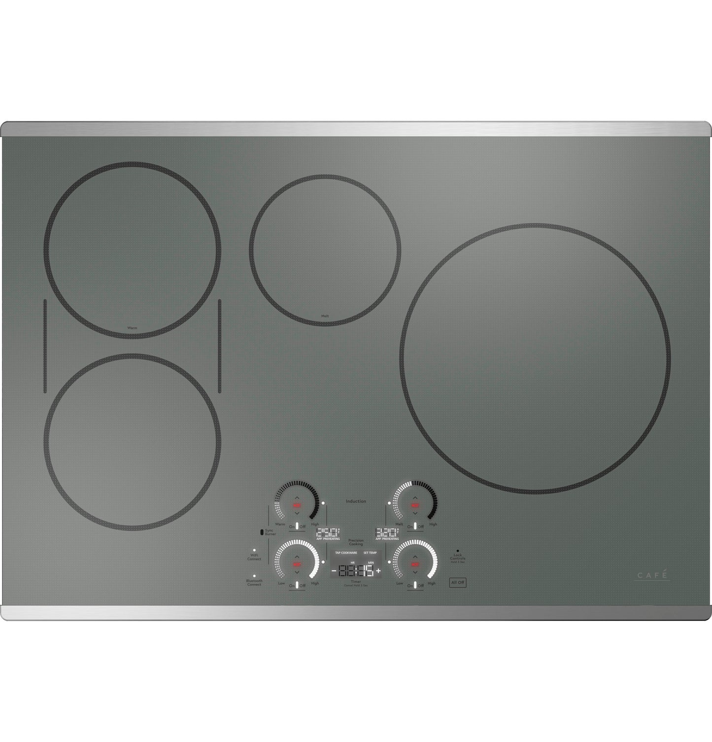 Gray built-in induction cooktop with five burners and touch controls from Induction Cooktops and Appliances collections