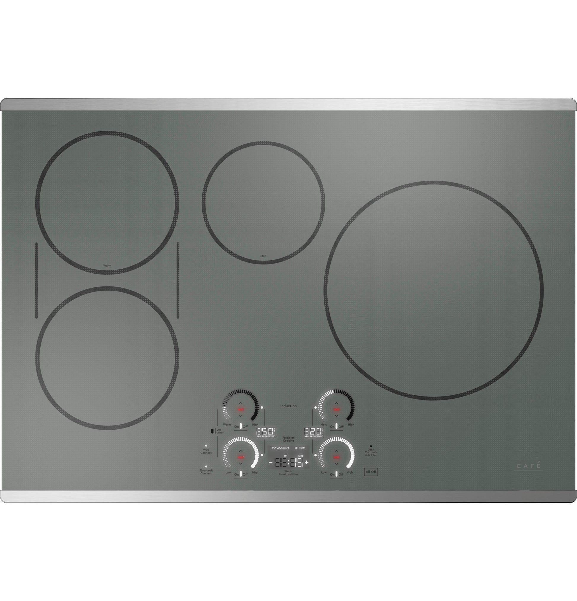 Gray built-in induction cooktop with five burners and touch controls from Induction Cooktops and Appliances collections