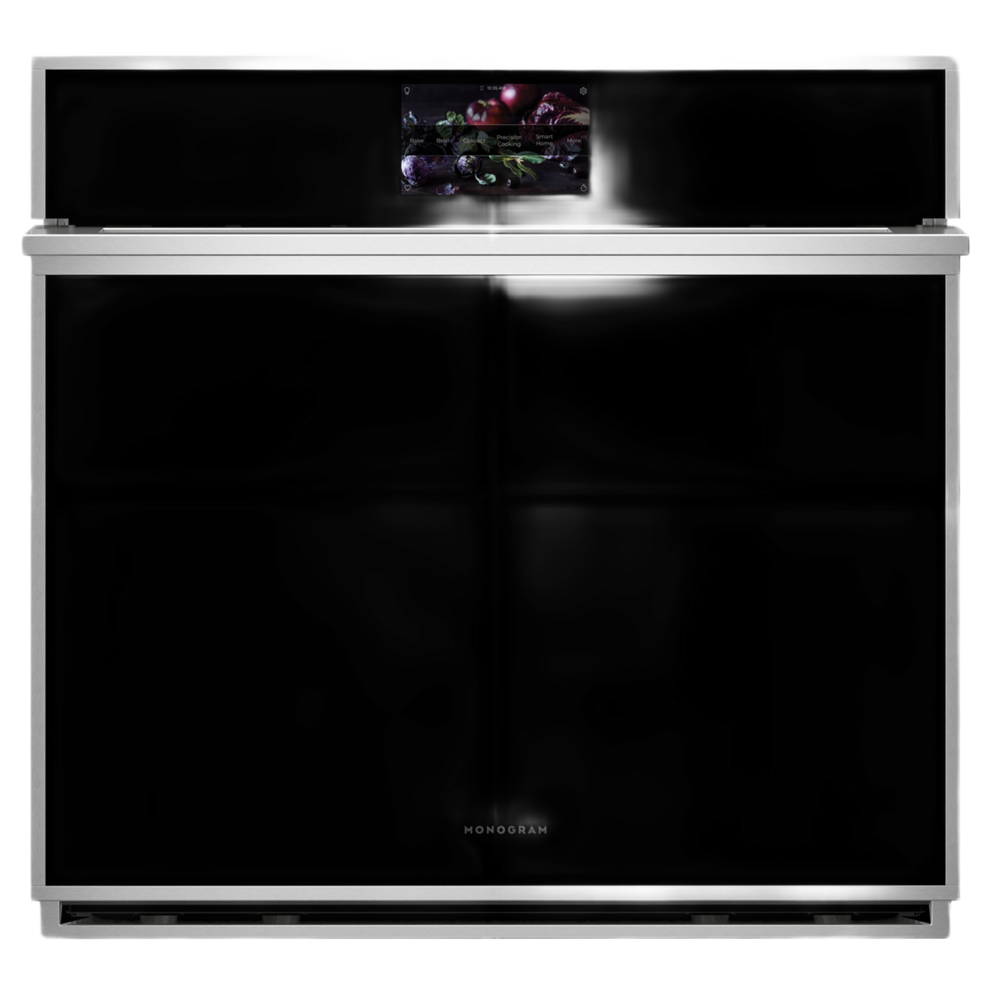 Minimalist stainless steel 30-inch single wall oven with black glass front and digital touch display from kitchen appliances collection