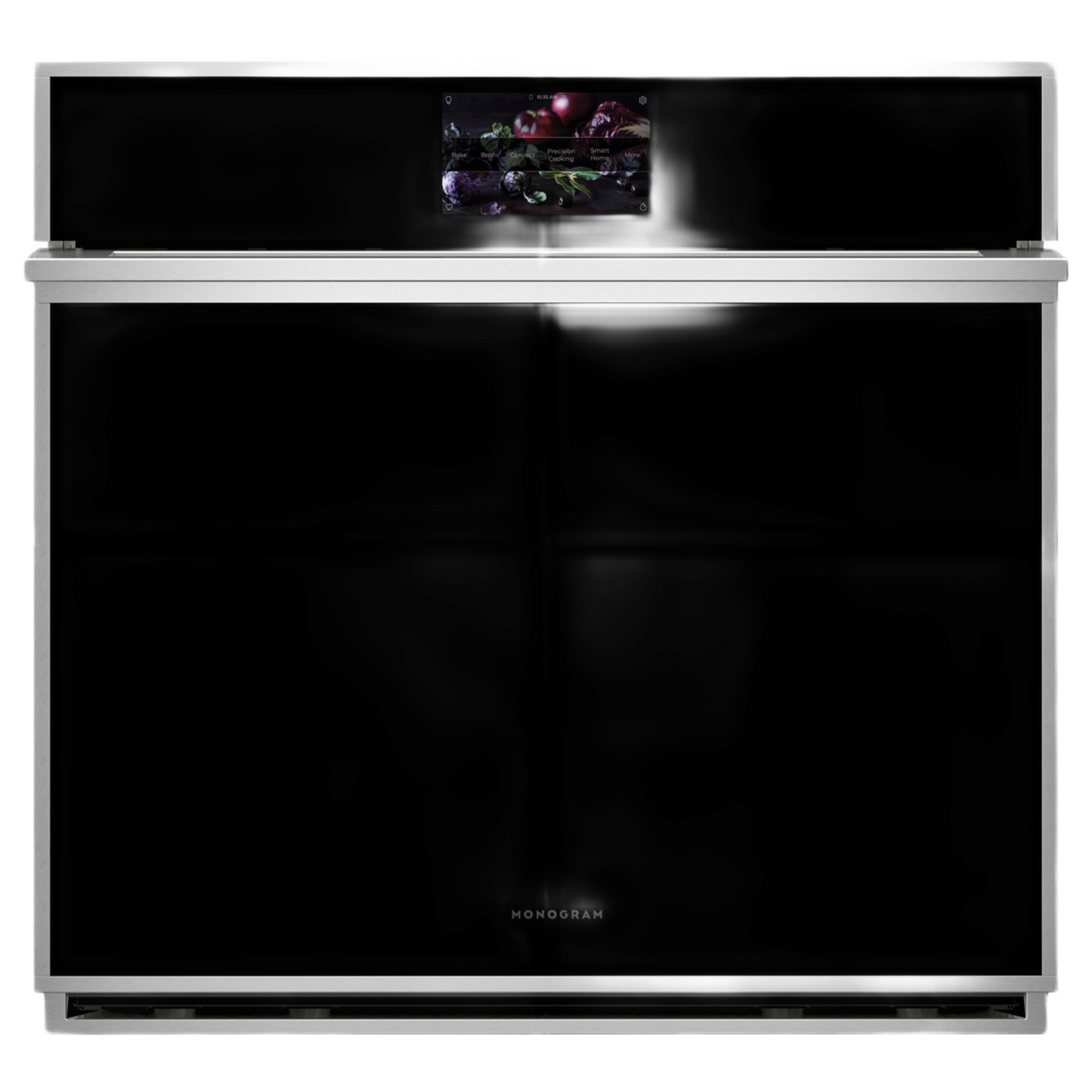 Minimalist stainless steel 30-inch single wall oven with black glass front and digital touch display from kitchen appliances collection