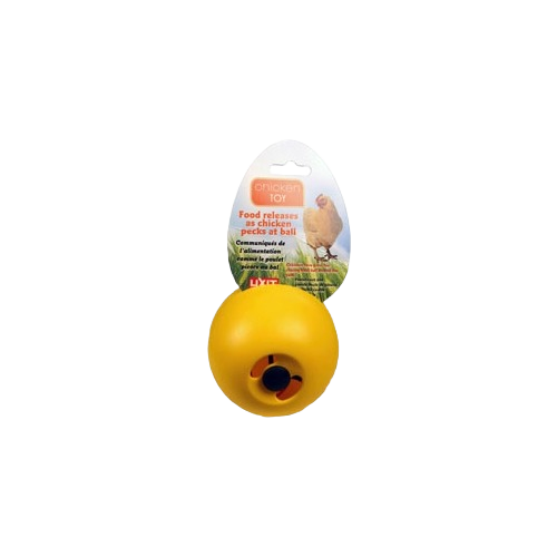 Yellow chicken treat dispenser ball designed for stimulating backyard flock activity in farm animal supply collection