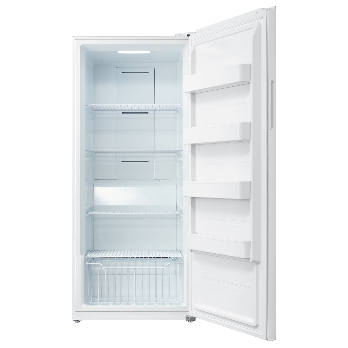Open empty white upright freezer with wire shelves and storage bins, part of appliances and freezers collection