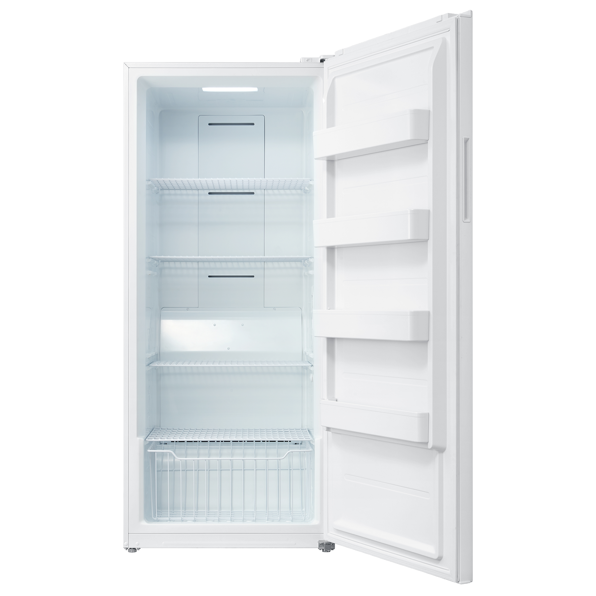 Open empty white upright freezer with wire shelves and storage bins, part of appliances and freezers collection