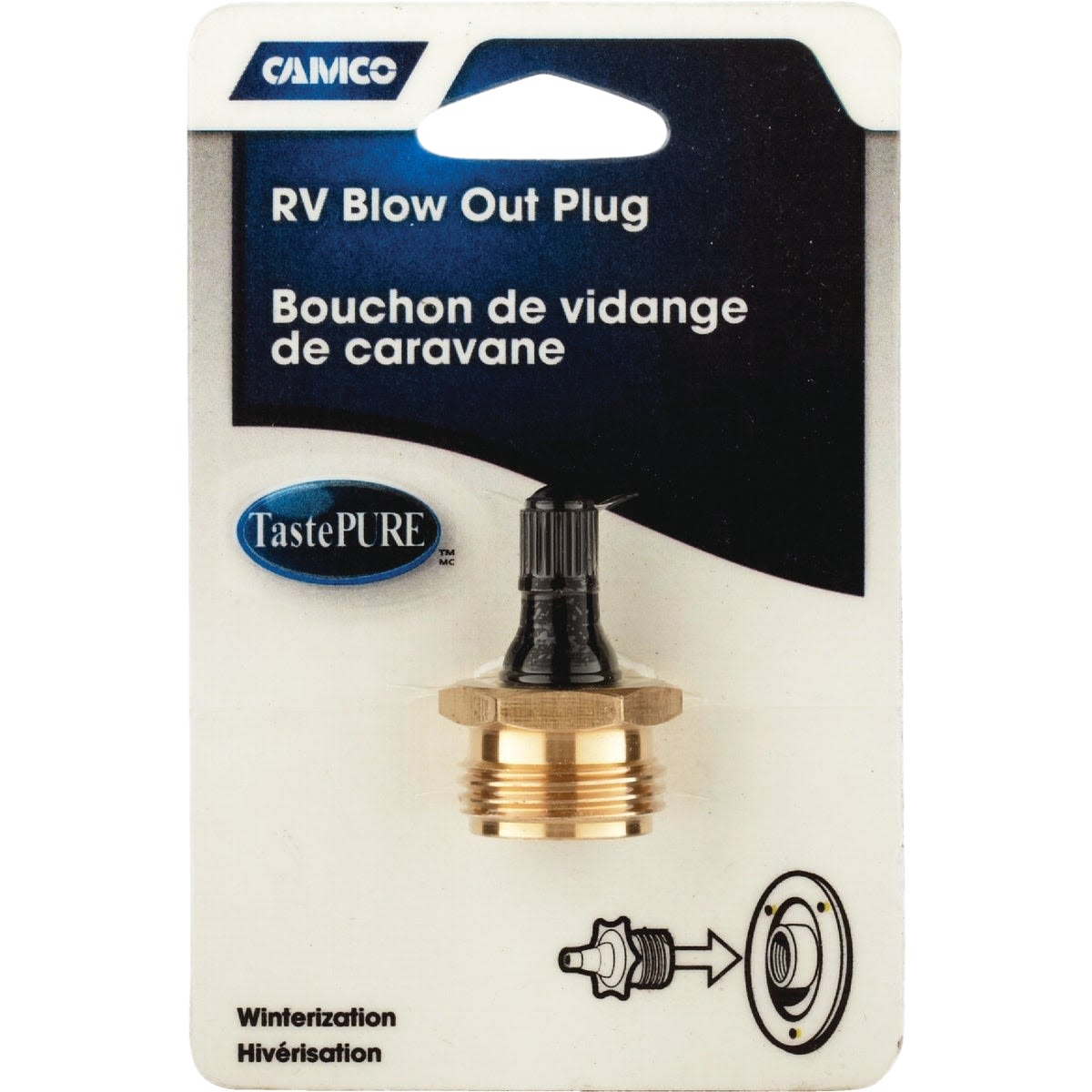 Brass and black RV blow out plug for winterizing water systems in tools and home improvement projects