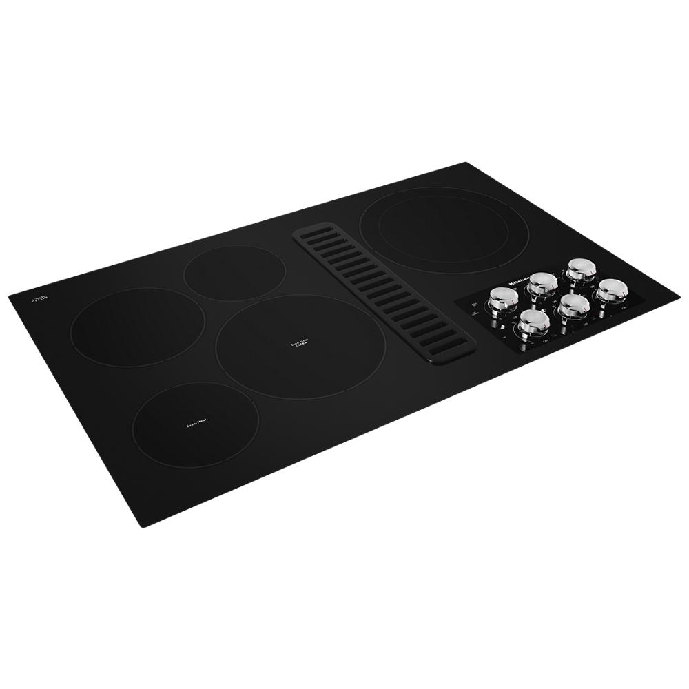 Black 36-inch electric cooktop with five burners, integrated downdraft vent, and stainless steel control knobs from kitchen appliances.