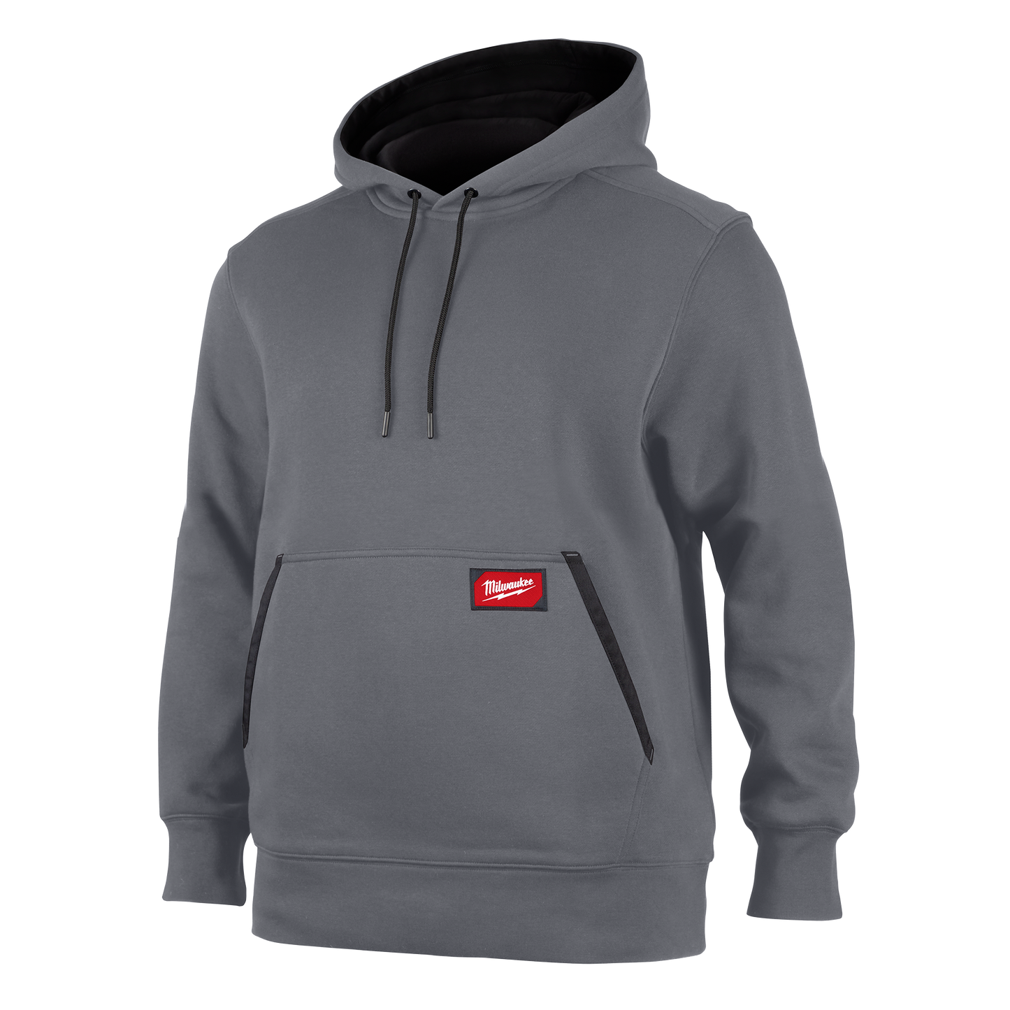 Gray hoodie with front pockets and adjustable drawstring hood featuring red Milwaukee patch for women under $100 collection