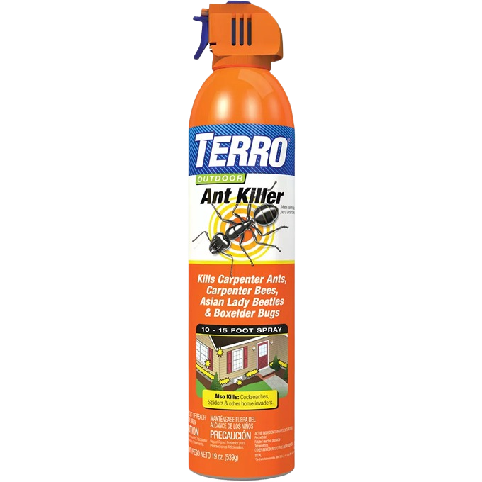 Orange aerosol can of outdoor insect spray labeled for ants, roaches, and household bug control with active nozzle spray