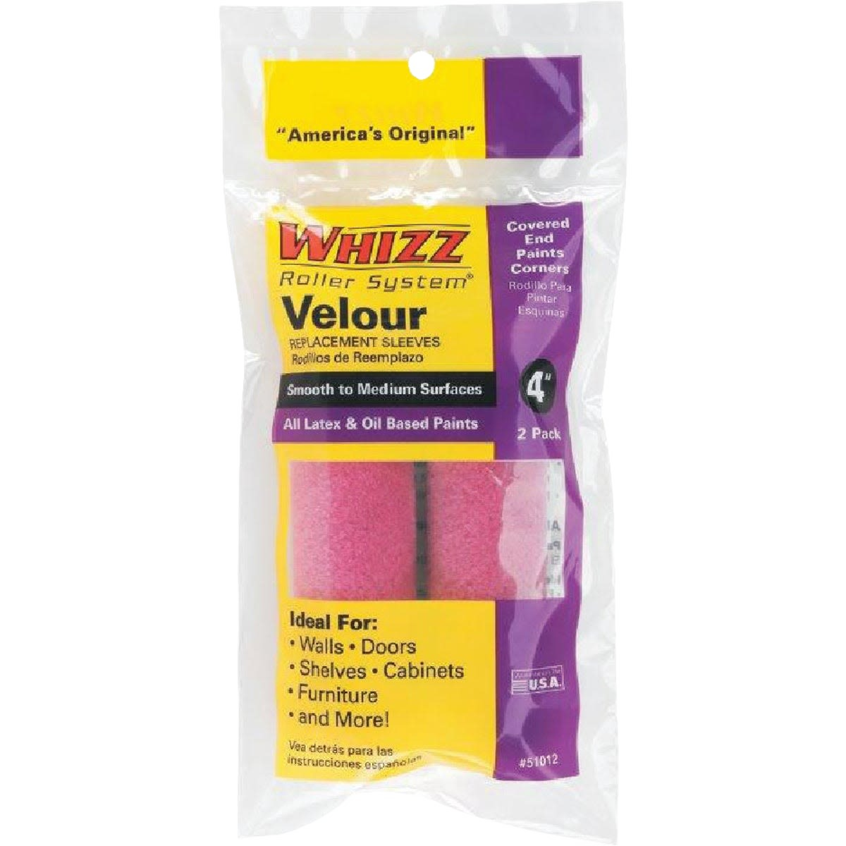 Pack of two purple velour roller covers for smooth to medium surfaces, compatible with latex and oil-based paints.