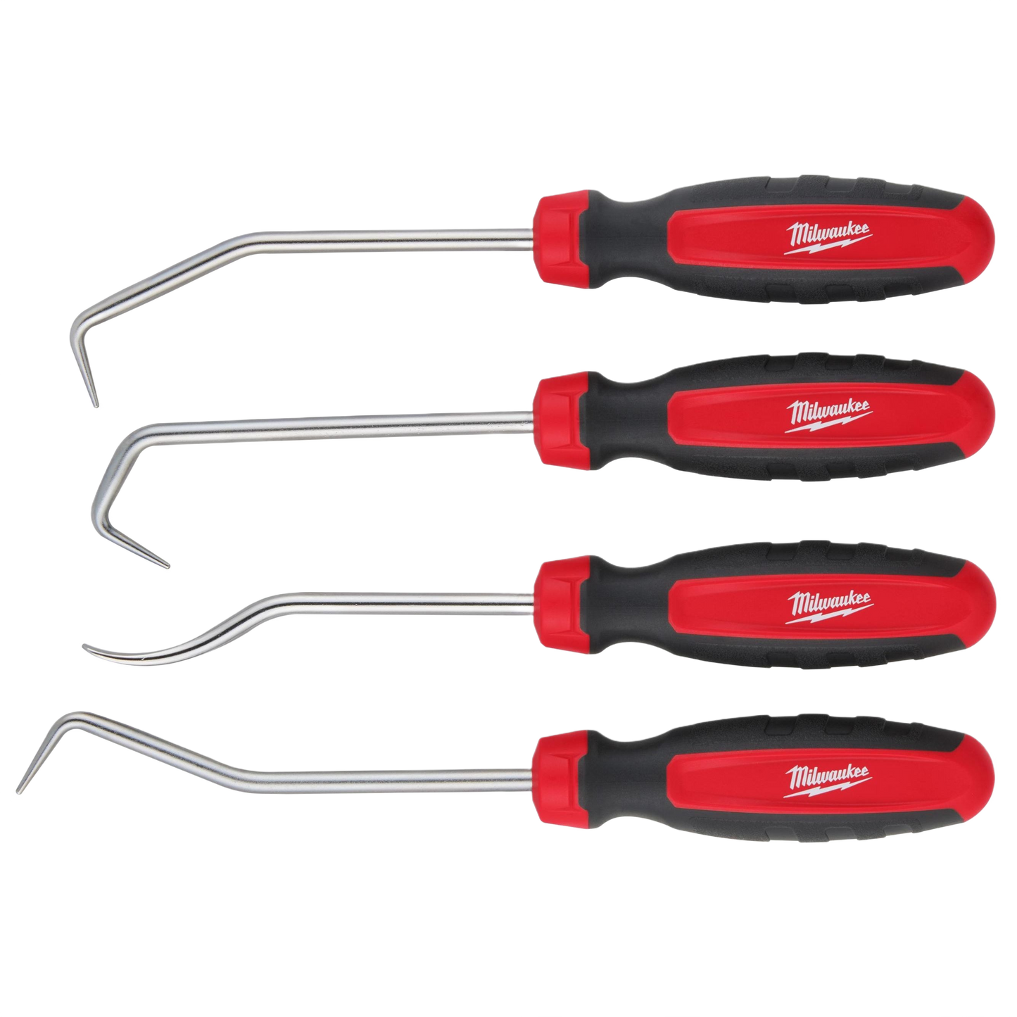 Set of four ergonomic red and black Milwaukee hose pick tools with stainless steel shafts for home improvement tasks