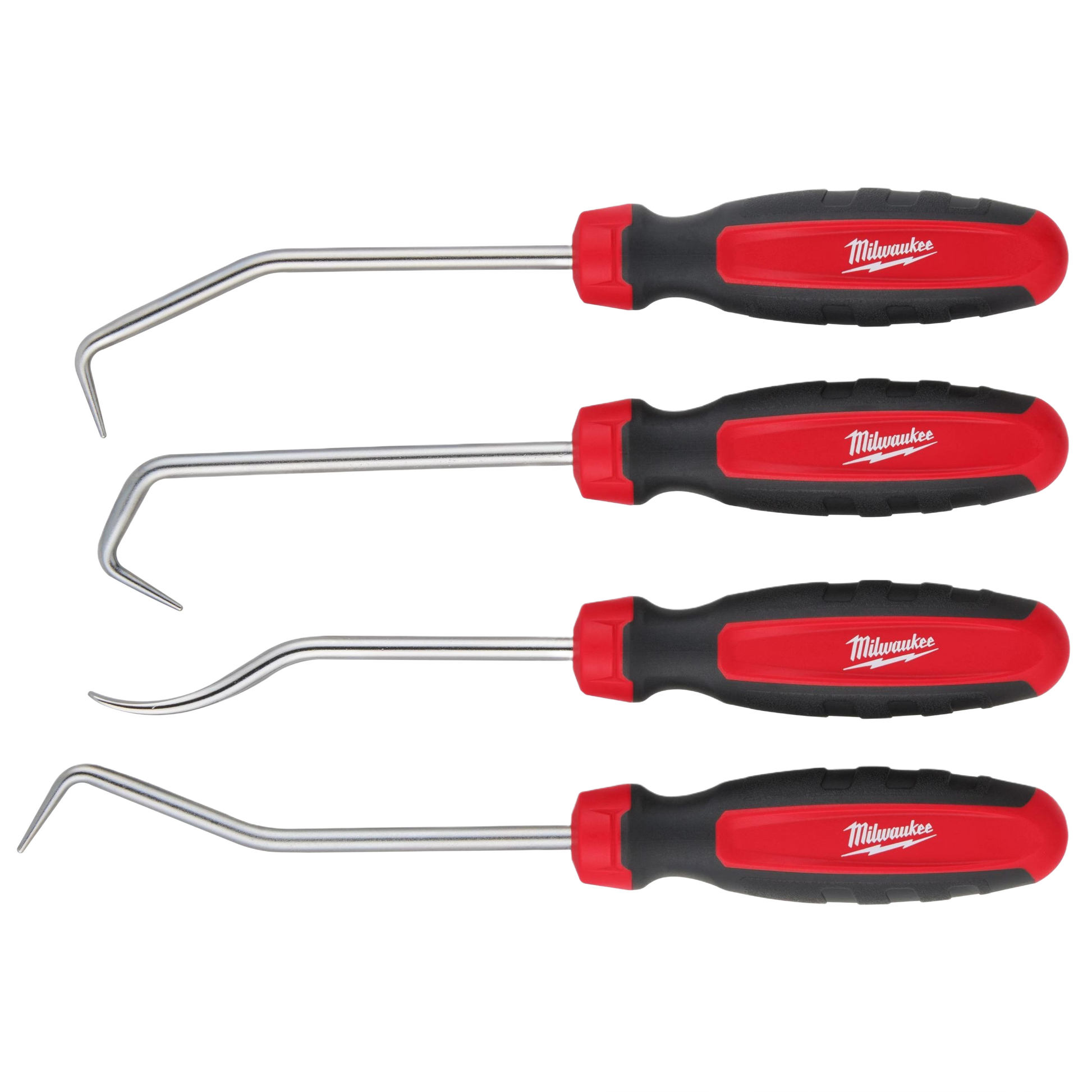 Set of four ergonomic red and black Milwaukee hose pick tools with stainless steel shafts for home improvement tasks