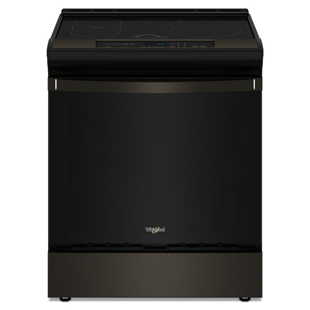 Freestanding 30-inch induction range in black stainless steel featuring a smooth cooktop and digital control panel, part of Ranges and Kitchen & Kitchenware collections.