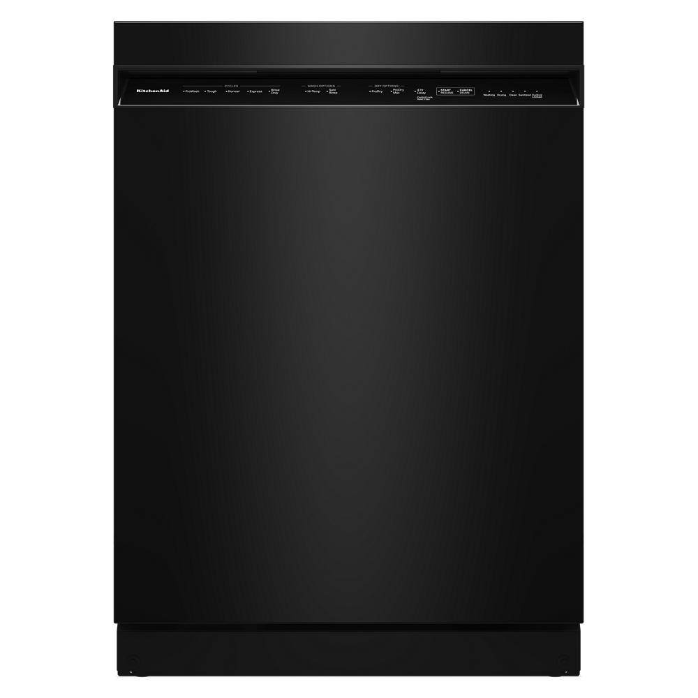 Matte black dishwasher with top control panel and sleek modern design from KitchenAid Appliances collection