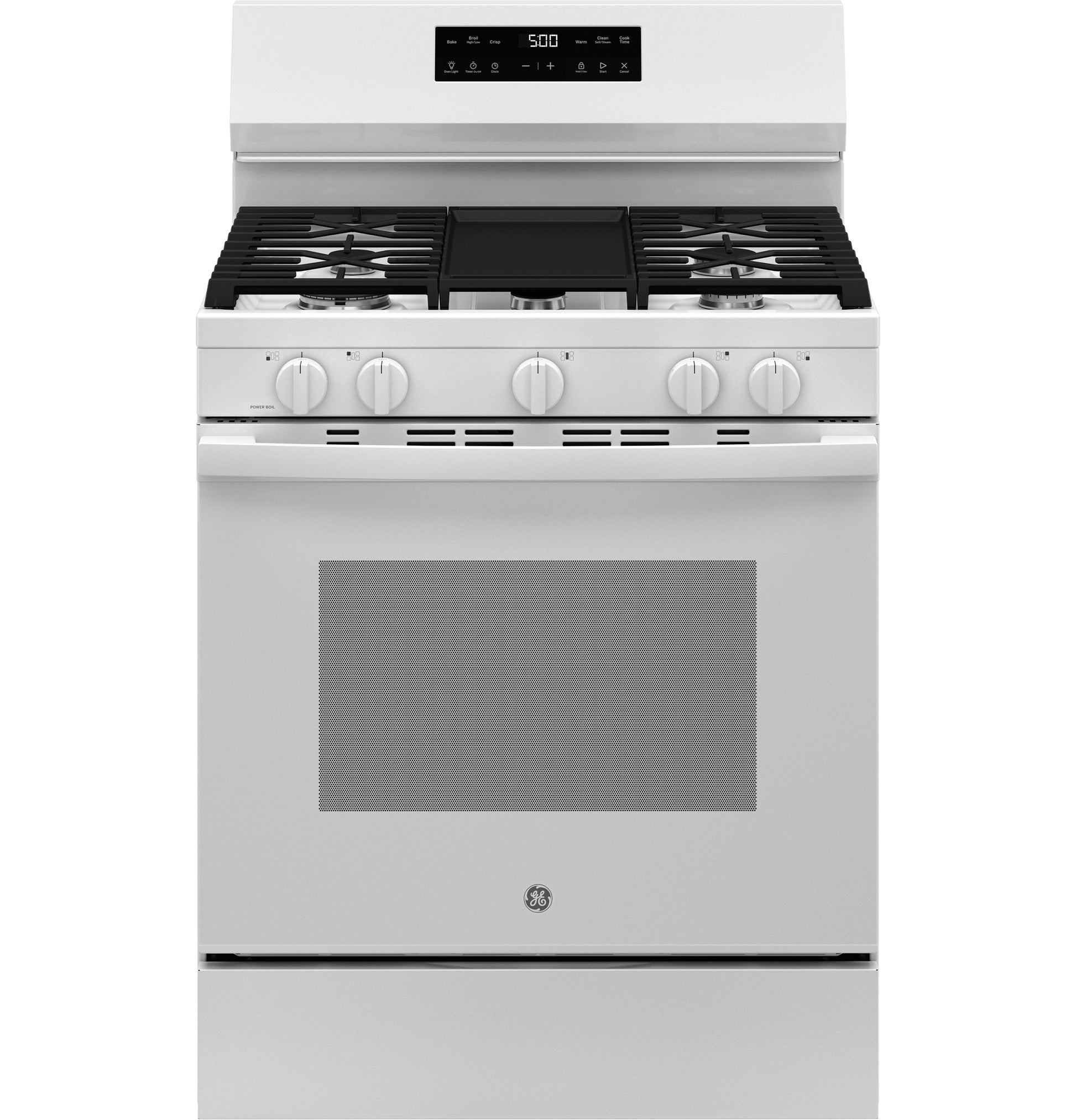 White free-standing gas range with digital display, five burner knobs, and oven door from kitchen appliances collection