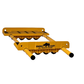 Yellow all-terrain moving cart dolly with reinforced steel frame and roller wheels, designed for heavy-duty cargo handling and rental use at Hartville Hardware.