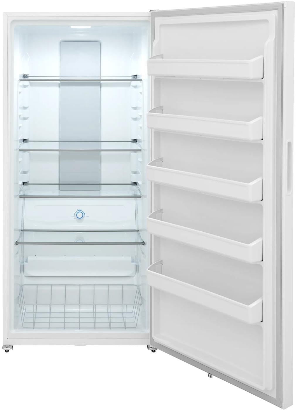 Interior view of an open 20 Cu. Ft. upright freezer featuring multiple adjustable glass shelves, door storage racks, and a wire basket, ideal for Freezers & Ice Makers, Upright Freezers, Kitchen & Kitchenware, and Appliances collections.