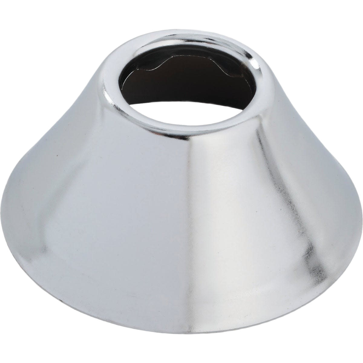 Chrome-plated metal bell flange with deep profile for decorative plumbing coverage in repair and faucet parts collections