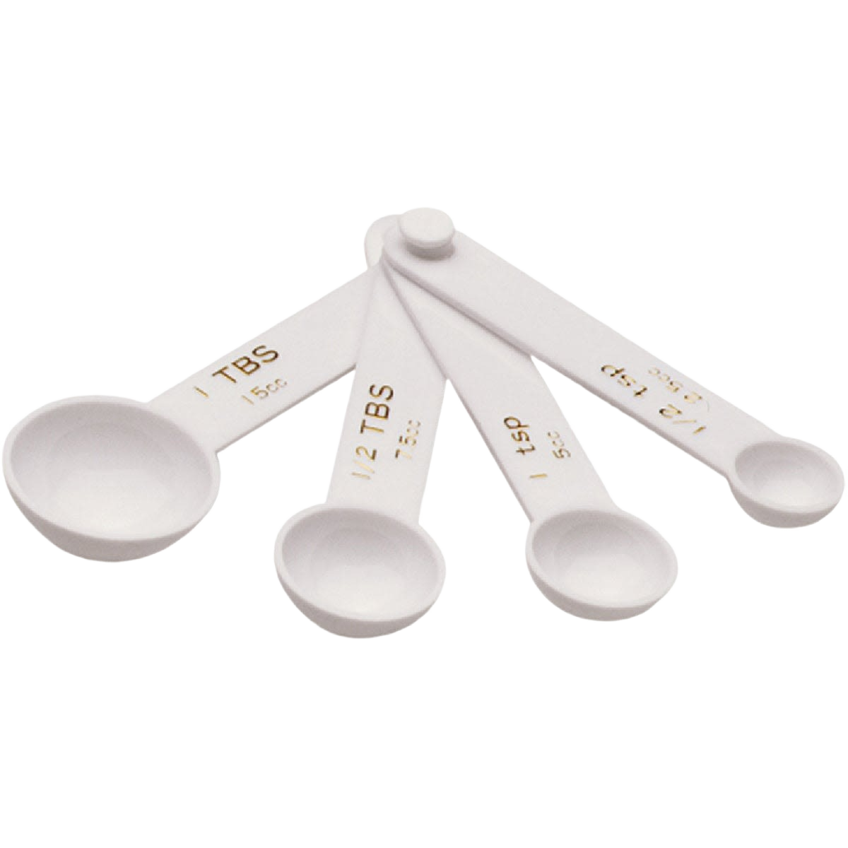 Set of four white plastic measuring spoons with standard and metric markings for kitchenware and cooking tools collections