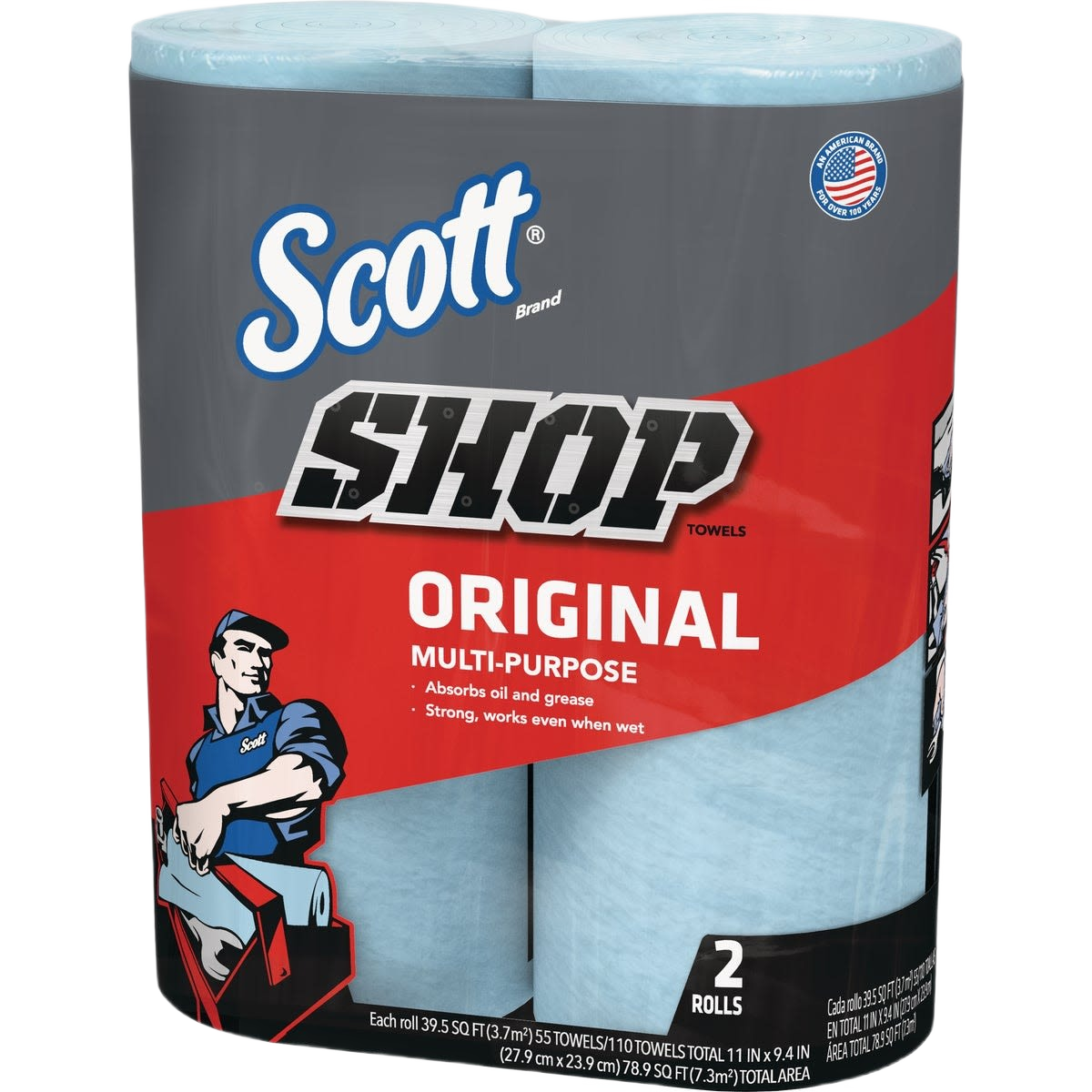 Two-roll pack of heavy-duty blue shop towels for cleaning oil, grease, and tough messes in automotive and shop use