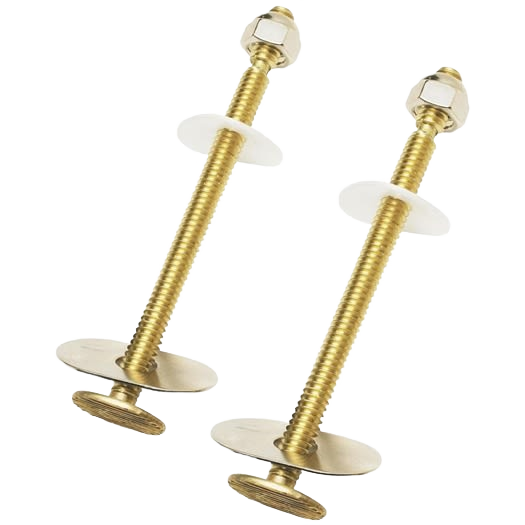 Two solid brass extra long toilet bolts with nuts, washers, and plastic retainers for plumbing repair projects.