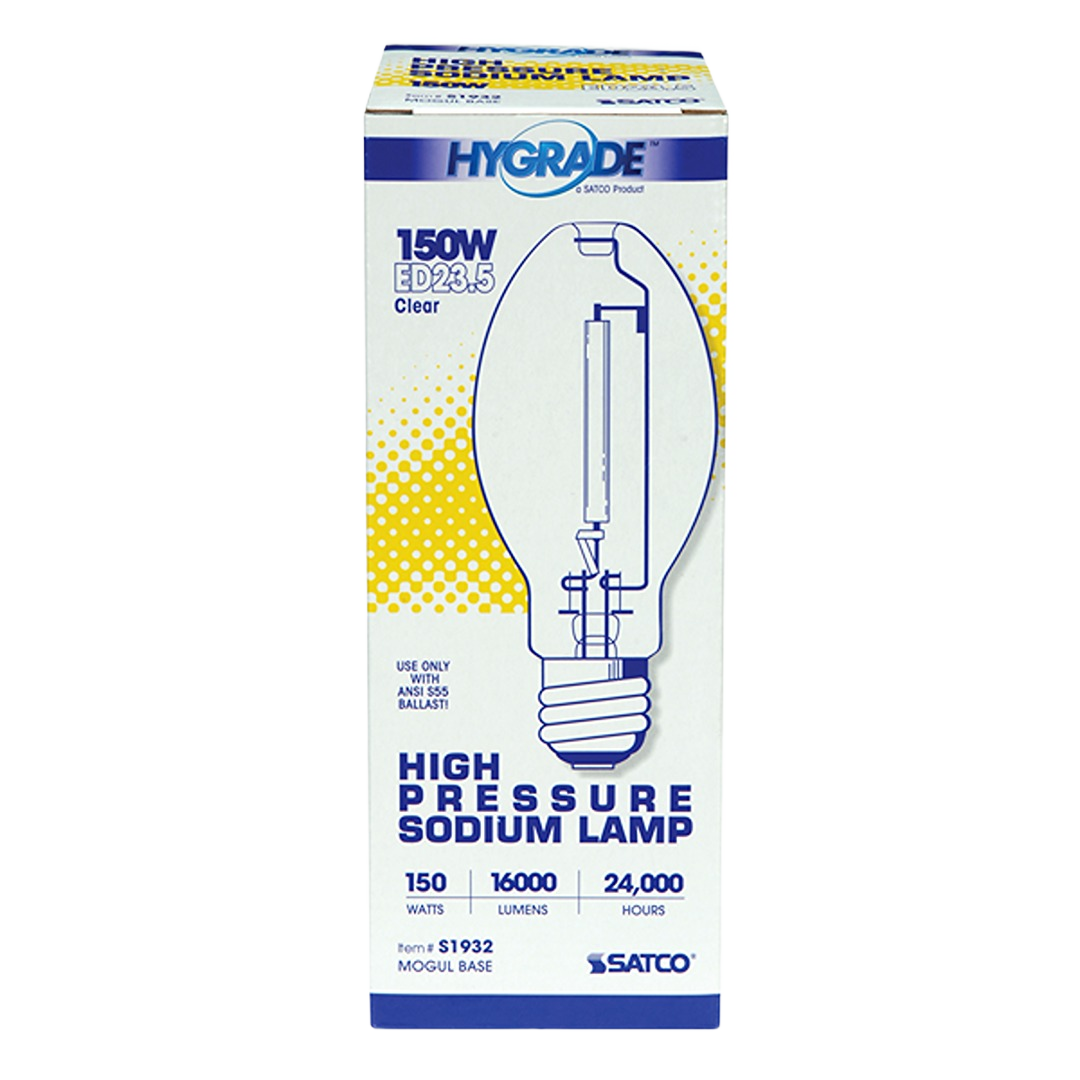 High-pressure sodium lamp box showing 150W clear bulb for lighting and electrical home improvement collections