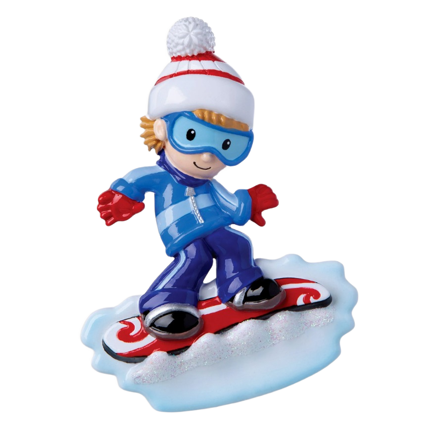 Boy snowboarder figurine wearing blue jacket, red gloves, and white hat on red and white board for Christmas decor under $50