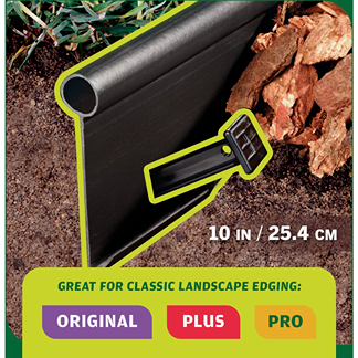 Black HDPE landscape edging stake secured in soil, designed for durable outdoor home improvement use