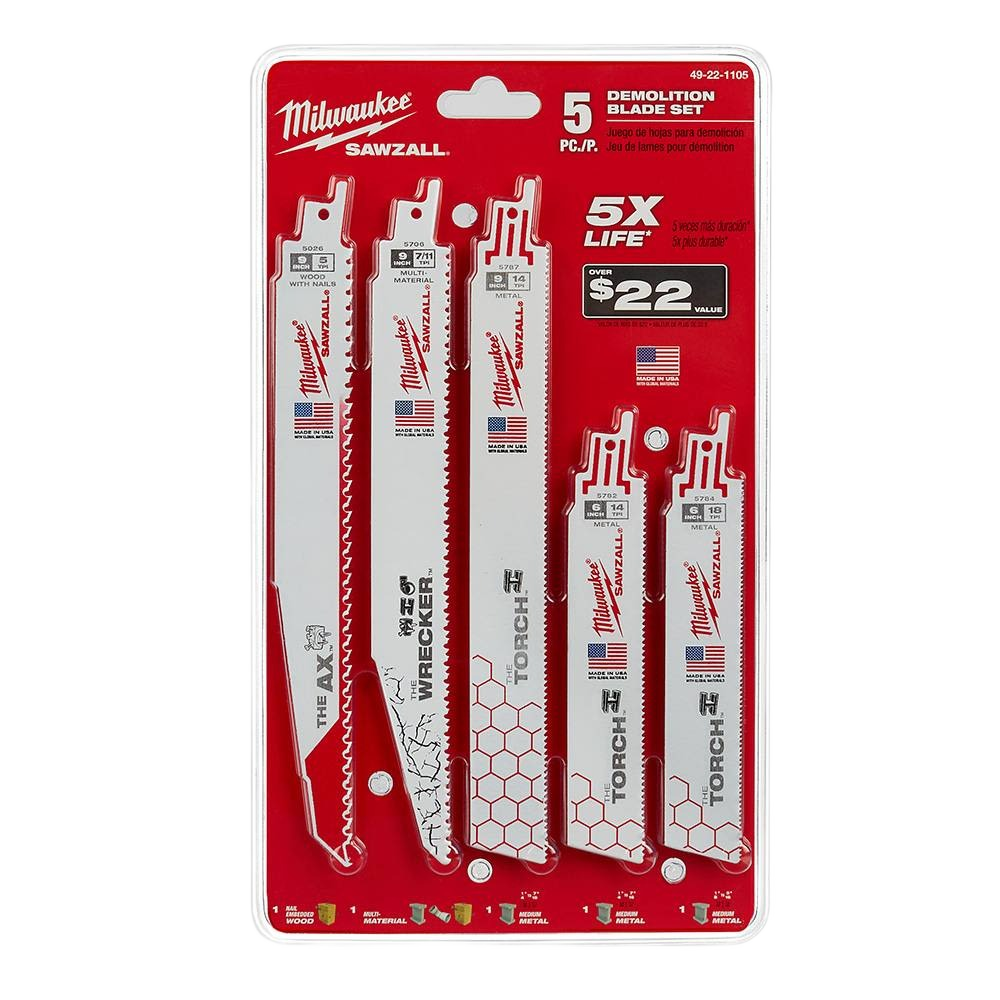 Five-piece Milwaukee demolition saw blades set for heavy-duty cutting in woodworking and power tool accessories collections