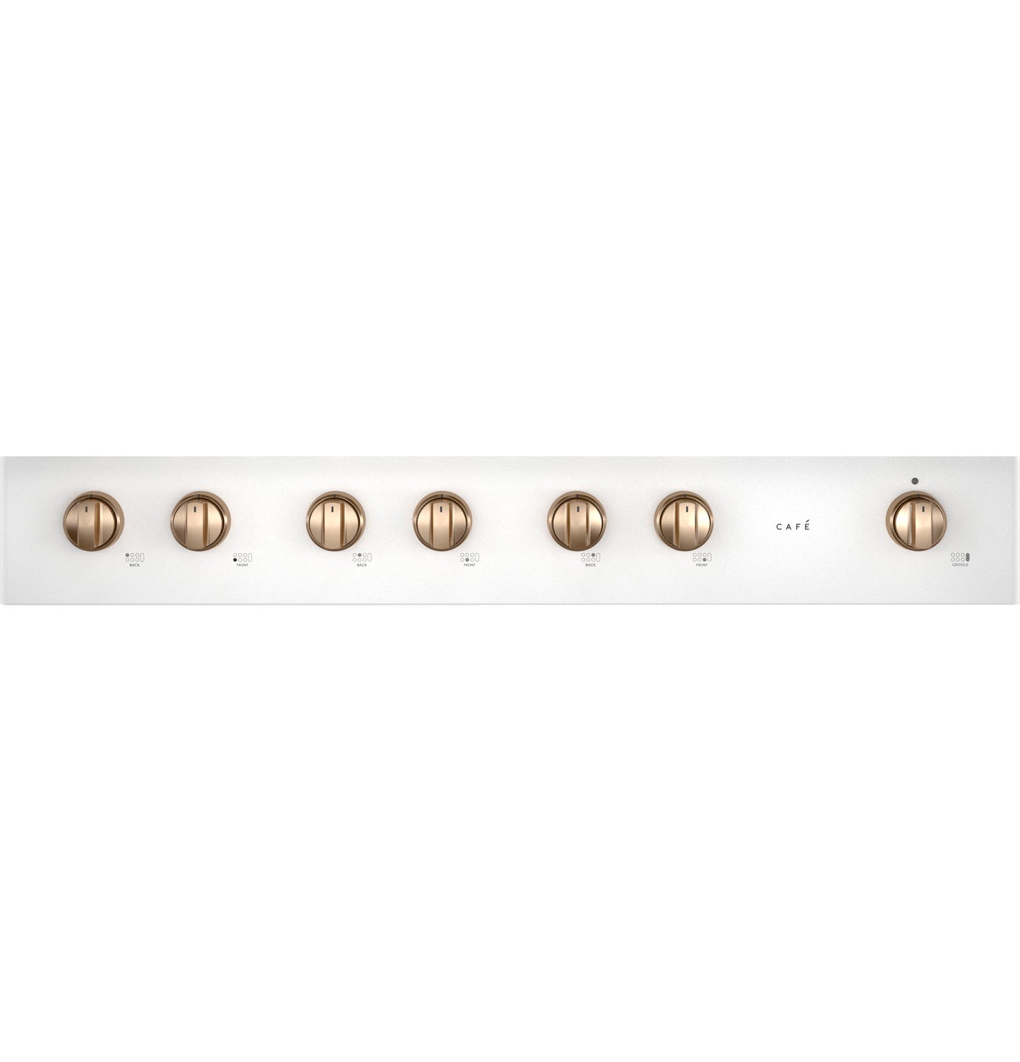 Control panel of a white cooktop with seven bronze knobs and subtle burner indicator icons in kitchen appliances collection