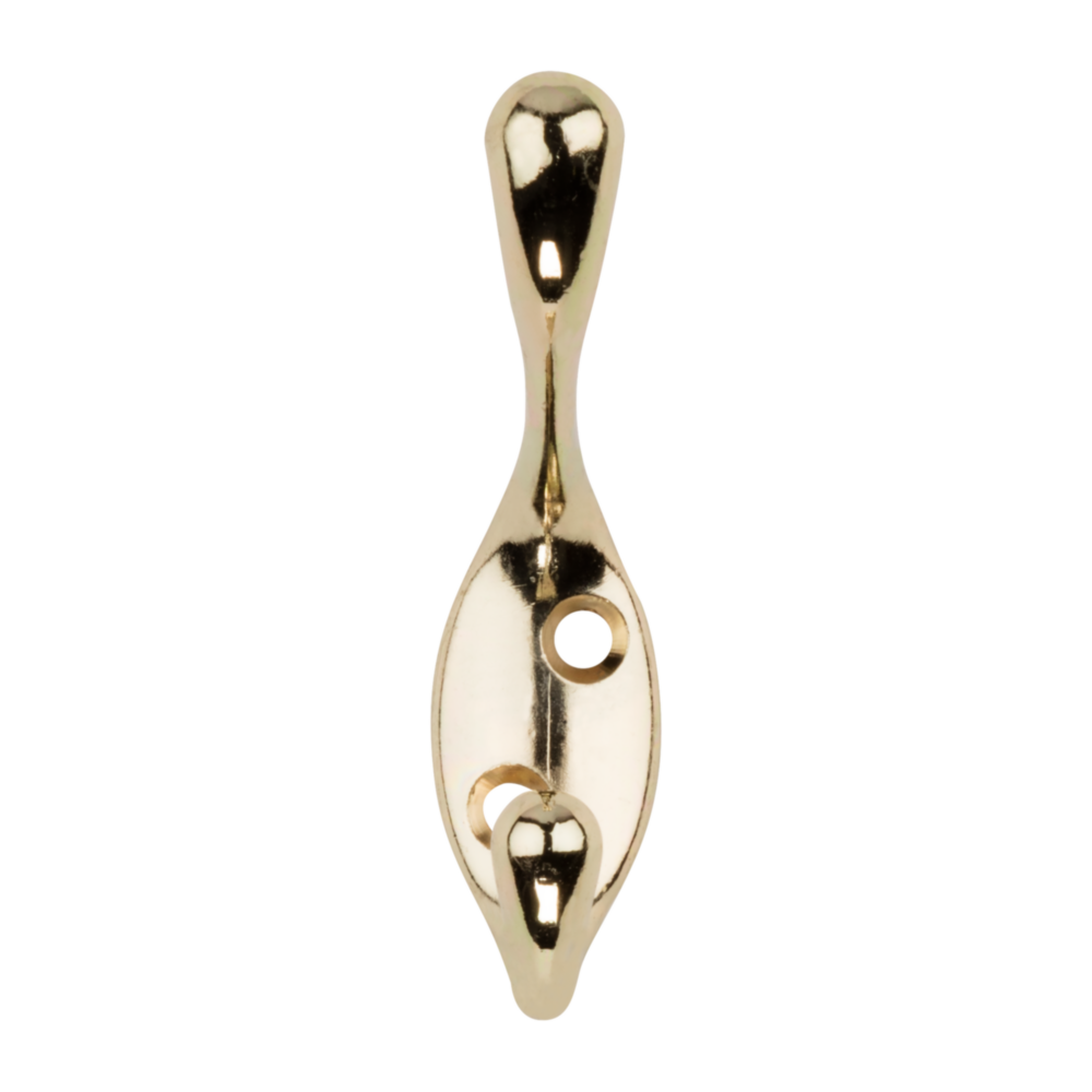 Bright brass single wardrobe hook with die-cast zinc construction for closet organization and storage accessories