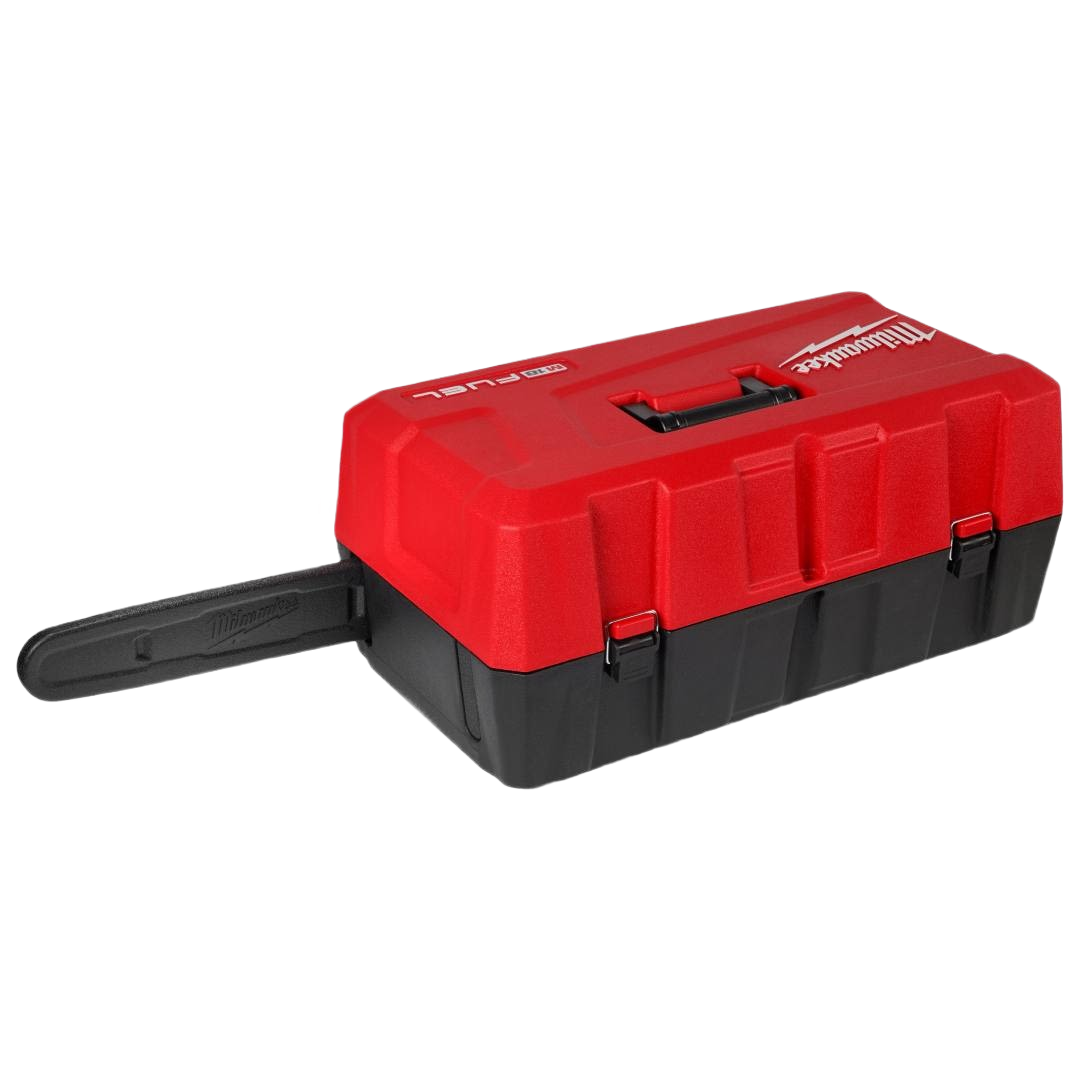 Portable red and black Milwaukee chainsaw case with secure latches and handle for tool storage and workshop organization