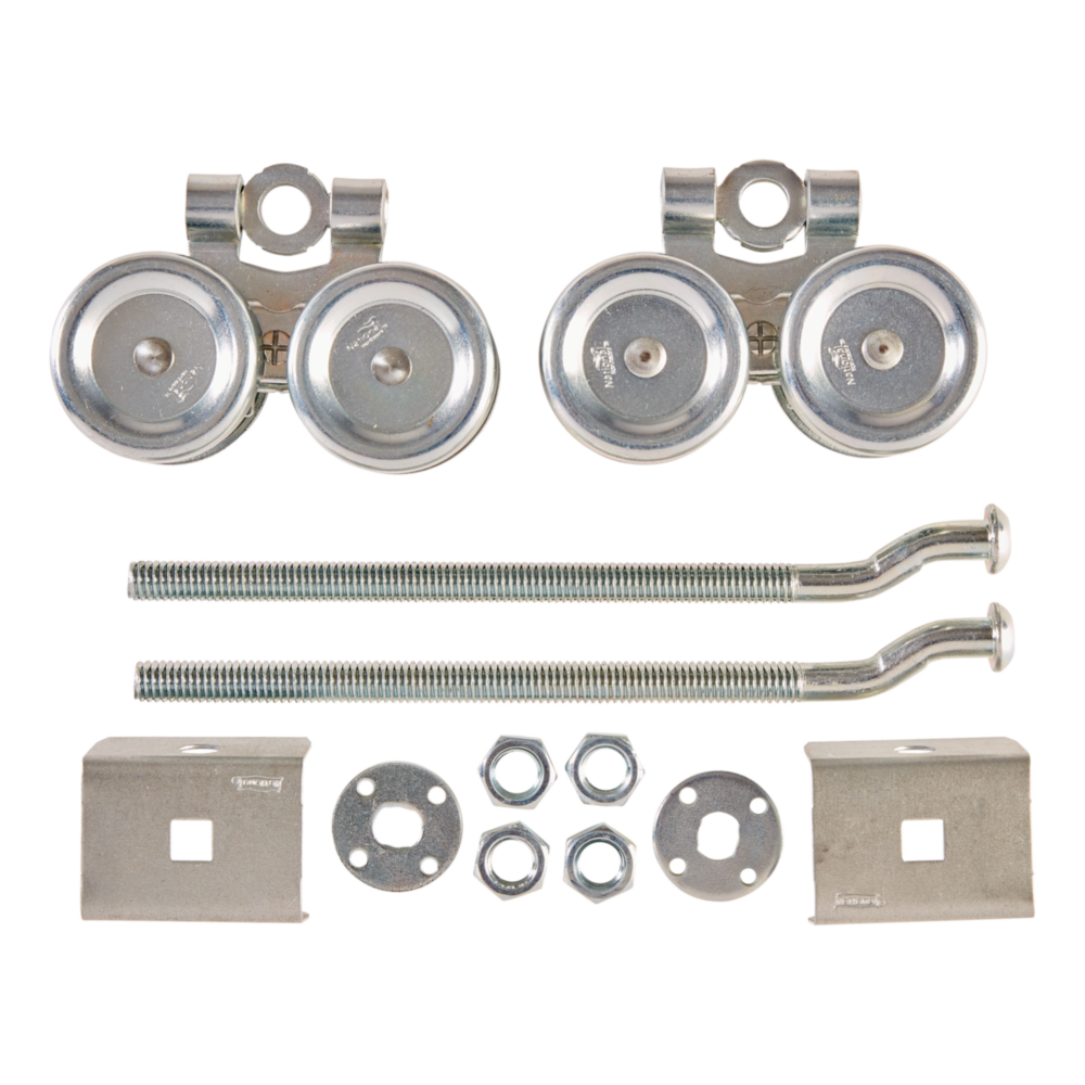 Zinc-plated offset bolt set with dual rollers, mounting plates, nuts, washers for barn door hardware and home improvement tools