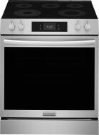 stainless steel electric range with smooth cooktop and digital controls for kitchen appliances and home improvement tools