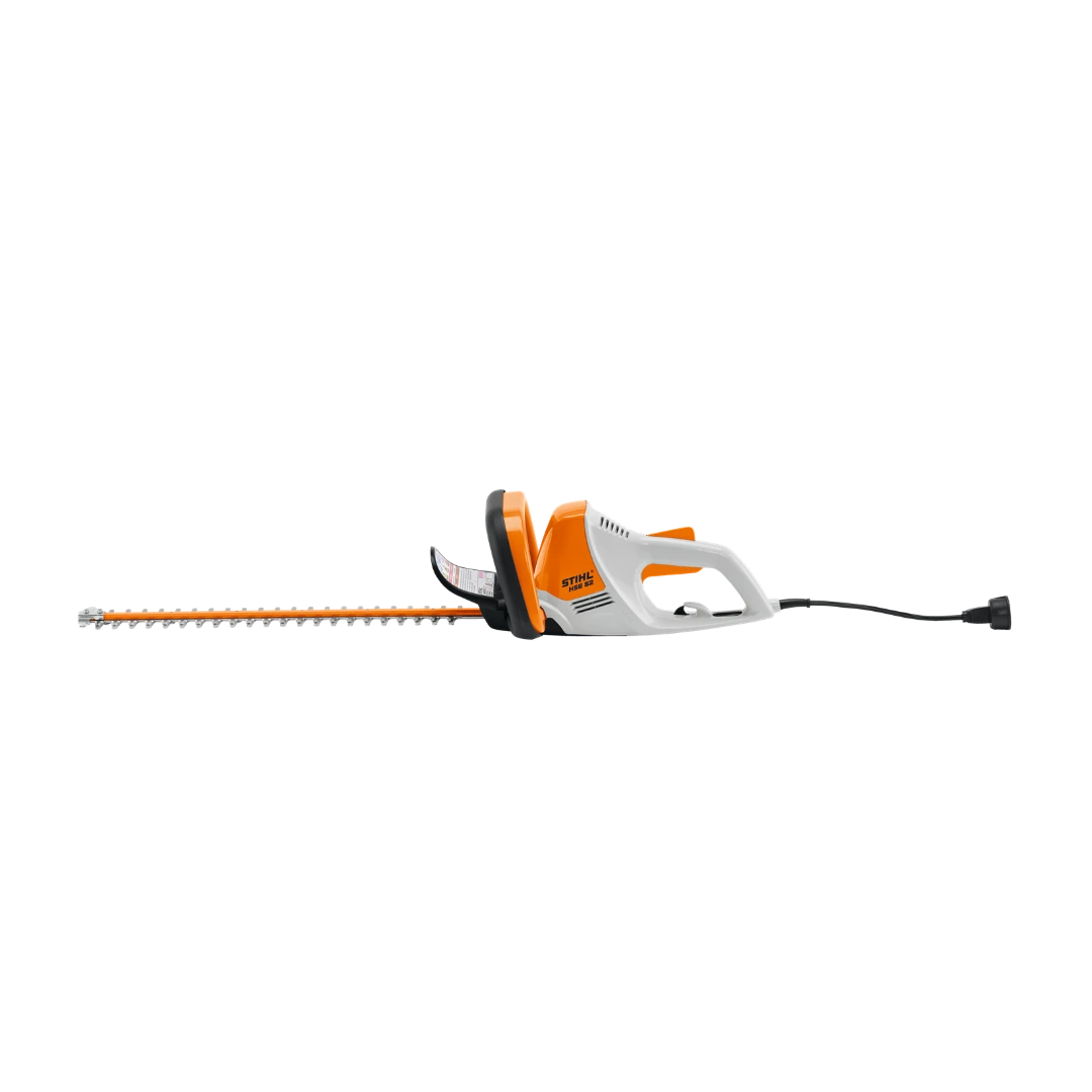 Orange and white electric hedge trimmer with ergonomic handle and long cutting blade for home improvement tasks