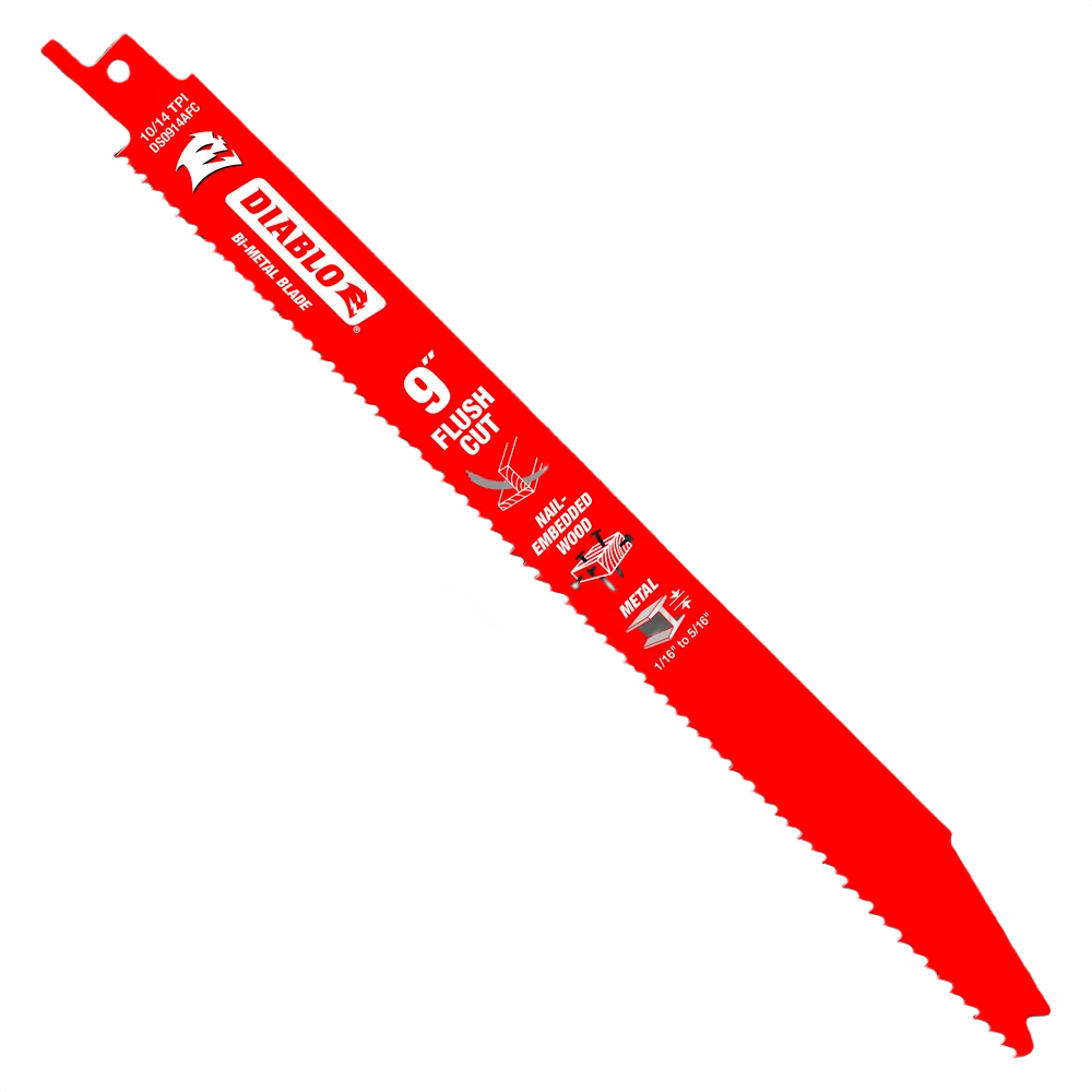 Red bi-metal flush cutting saw blade designed for woodworking and metal cutting in tool accessory collections